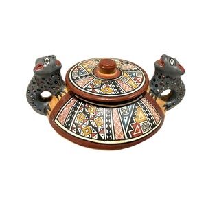 Cusco Peru Hand Painted Art Pottery Covered Bowl with Jaguar Handles